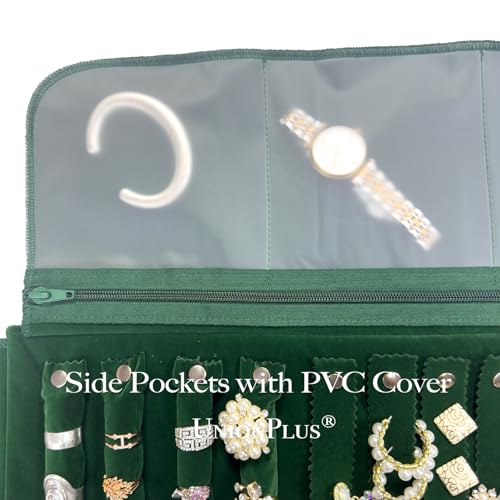 Image of UnionPlus Velvet Jewelry Roll Organizer, Travel Jewelry Case with Multiple Compartments for Rings Earrings Necklaces Bracelets, Compact Portable Jewelry Storage