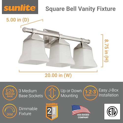 Image of Sunlite 46063 20 inch Modern Square Bell Vanity Wall Mount Light Fixture, Medium Base (E26) Socket, Standard A19 Bulb Required (100W Max), Frosted Glass Shade, ETL Listed, 3 Light Brushed Nickel Finish