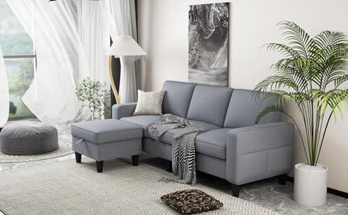Couch for Living Room - 78'' Light Gray Linen 3 Seat L-Shaped Sectional Sofa Couches with Storage Ottoman - Modern Small Space Upholstered Furniture Sofa Set for Office Small Space Apartment Bedroom