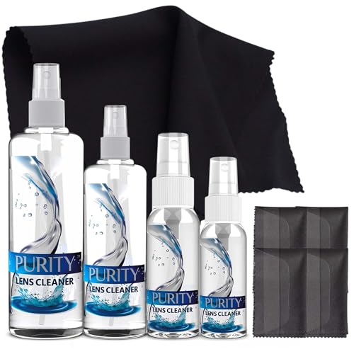 Purity Eyeglass Cleaner Family Pack - Multi-Size Lens Cleaner Kit - 1x1oz, 1x2oz, 1x4oz, 1x8oz Bottles + 4 Premium Microfiber Cloths - Safe for All Lenses, Eyeglasses, & Screens - Streak-Free Formula