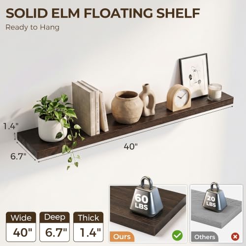 Image of Elm Floating Shelves for Wall - 40 in Rustic Solid Wood Shelves with Heavy-Duty Invisible Bracket, Wall-Mounted Wooden Shelf for Living Room, Bathroom, Kitchen Storage & Display, Set of 2, Walnut