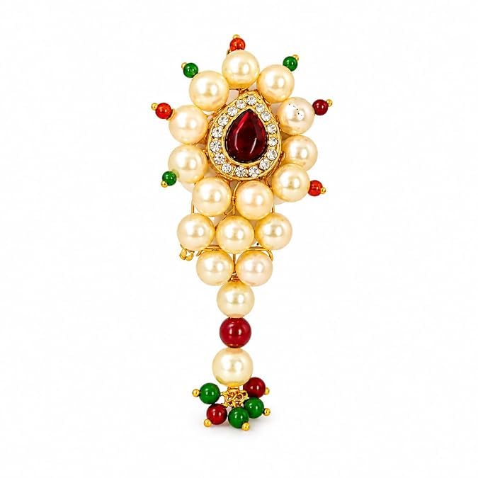 Pearl Beaded Saree Brooch Pin with Red Stone, Gold Finish, Pack of 3-picture-45