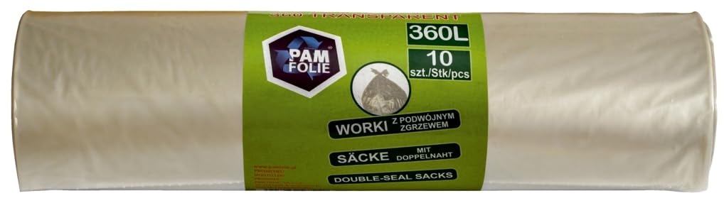 Sacchi della spazzatura 360 l, 10 pezzi, XXL, grandi, forti, spessi, 120 x 150 cm, 35 µm, universali, trasparenti, sacchetti per rifiuti da costruzione, in polistirolo