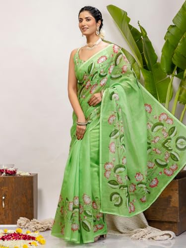 Image of SIRIL Women's Cotton Linen Printed Saree With Unstitched Blouse Piece
