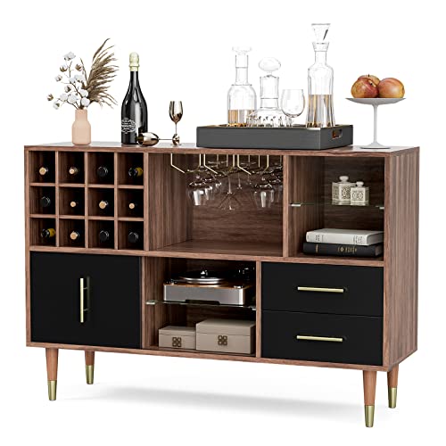 Ikifly Accent Kitchen Buffet Sideboard With Storage, Wood Cabinet Server Cupboard With 12 Wine Bottle Rack, Stemware Holder And Drawers, Console Table For Kitchen Living Room, 47 Inch - Walnut/Black #TOP1