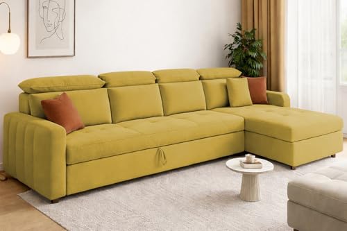 Image of Casaliving Gagnon RHS 6 Seater L Shape Corner Sofa Cum Bed for Living Room (Yellow Fabric) Premium Fabric Sofa