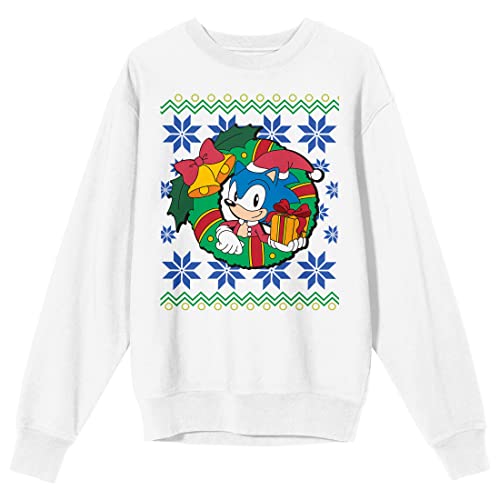 Bioworld Sonic The Hedgehog Sonic Christmas Wreath Crew Neck Long Sleeve White Adult Sweatshirt