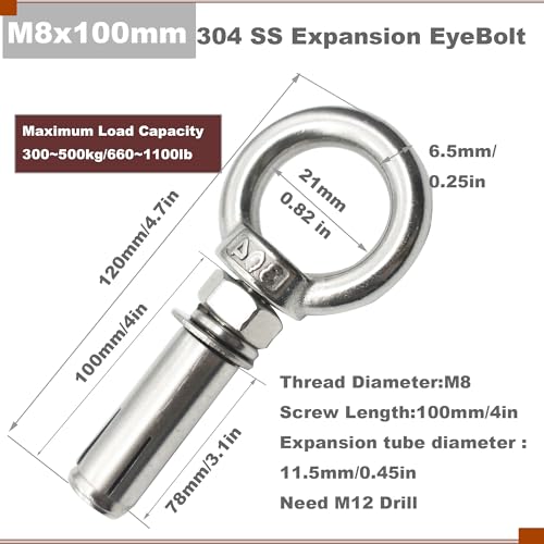 Image of M8 Stainless Expansion Eyebolt 4 inch(100mm) Long Threaded Screw Ring Lifting Shoulder Hook with Nut Washer Locking as Anchor Point for Cement Block Wall 660LB~1100LB,6 Pcs M8X100mm
