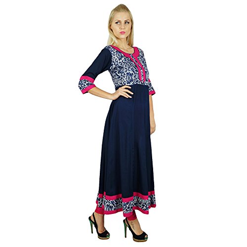 Bimba Women Long Dress Classic A Line Cotton Kurti Anarkali Blouse Navy Blue #TOP1
