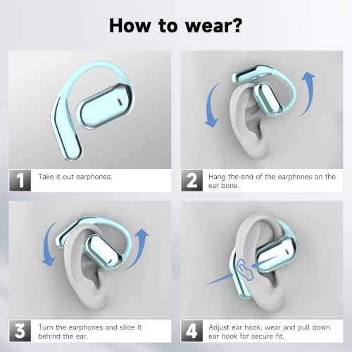 Image of Wireless Open Ear Bluetooth V5.4 Earbuds with Earhooks, HiFi Stereo ENC Earphones with Microphone, Ecouteur Sans Fil Bluetooth IP7 Waterproof, Fit for Sport, Workout and Business, Light Blue