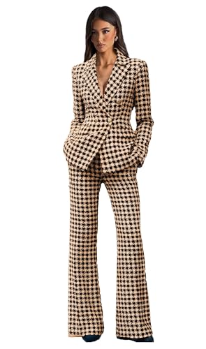 Khaki Plaid Womens Suits 2 Piece Plus Size 4 Button Womens Suit Fashion Classic V Neck Pant Suits for Women for Business Size XX-Large