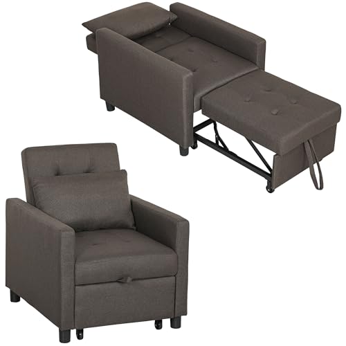HOMCOM Sofá Cama de 1 Plaza 3 en 1, Sillón Cama Tapizado en Lino, con Respaldo Ajustable de 3 Niveles, Almohada Acolchada, para Oficina, Dormitorio, Salón, 69x82,5x84 cm, Marrón Oscuro