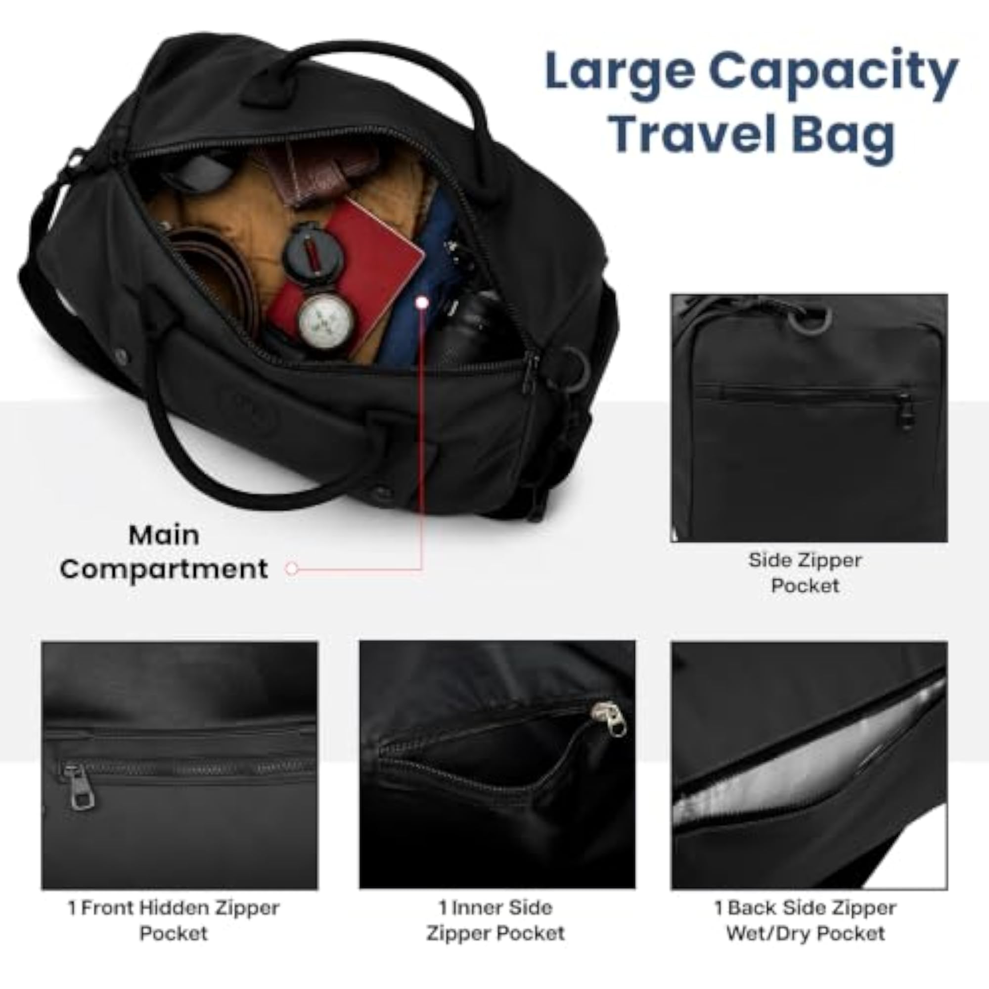 Travel Duffel Bag with Shoe Compartment, Black