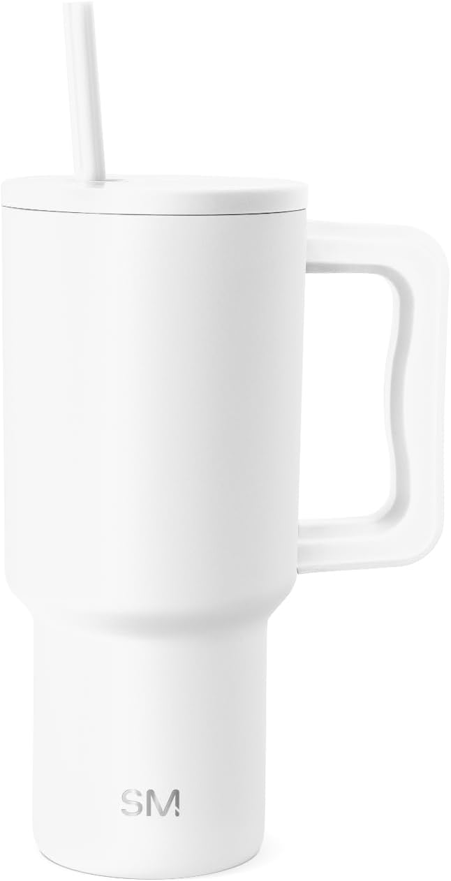 30 oz Trek Tumbler with Handle and Straw Lid | Cup Holder Friendly Insulated Stainless Steel Travel Mug | Winter White