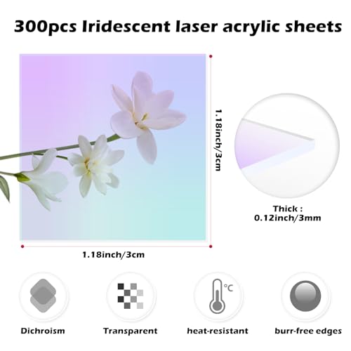 Image of 300 Pcs Iridescent Acrylic Sheet 1 /8 inch Thick,Translucent Colored Plastic Sheet 1.18 inchx1.18 inch, Laser Acrylic Plexiglass Sheets for DIY 3D Decorative Painting, Art Projects, Crafts