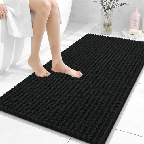 Image of OLANLY Bathroom Rug Mat 44x24, Thick Soft and Absorbent Chenille Bath Mat, Non-Slip Rubber Backing, Machine Washable Quick Dry Bath Rugs for Tub Shower Floor, Home Decor Accessories, Black