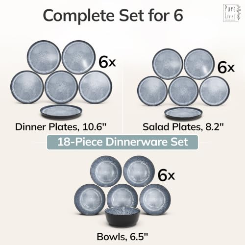 Image of 18 Piece Stoneware Dinnerware Set for 6, Handmade Plates and Bowls Set | Reactive Glaze Coating, Dishwasher & Microwave Safe Dish Set, Chip & Scratch Resistant Dishware Set, Ibiza Smoke Blue