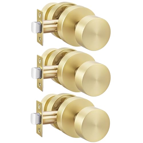 Image of Haidms Brushed Gold Door Knobs Passage, Heavy Duty Zinc-Alloy Closet Door Knobs, Gold Interior Door Knob for Hallway & Closet, Round Ball Design(3 Pack)