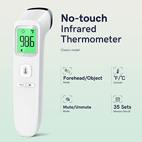 Thermomètre frontal pour bébés et adultes, thermomètre numérique sans contact avec lecture précise instantanée, alarme de fièvre, écran LCD et 35 mémoires (blanc)