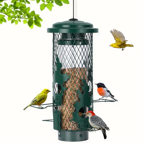 Gbekery Squirrel Proof Bird Feeder for Outdoors Hanging Metal Mesh Bird Feeder for Outsides with Gravity Protection for Small Birds Weatherproof and Durable Green
