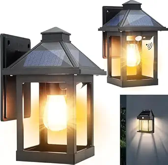Finaxo Exterior Wall Lights, Solar Power Warm Light Outdoor Light Wire Wall Lamp Courtyard Human Induction Lamp for Garden & Outdoor. Wireless Motion Sensor Lanterns with 3 Lighting Modes (Pack of 2)