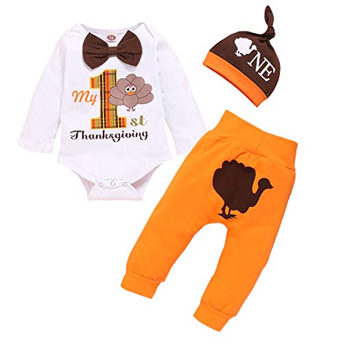 Baby Boy My First Thanksgiving Outfits Turkey Print Romper+Long Pants and Hat Clothes Set (Orange, 3-6 Months)