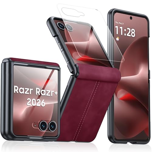Image of for Motorola Razr+ Plus 2026 Case /Razr+ Plus 2025 Case with Hinge Protection & Built-in Outer Screen Protector, PU Leather Matte PC Shockproof Cover, Ultra Slim Case for Razr+ 2026 /2025-Red