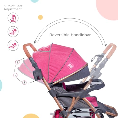 Image of Mee Mee Baby 2-in-1 Pram /Stroller Cum Rocker, with 3 Reclining Positions, Wheel Brakes, Reversible Handle, Water-Resistant Canopy, Spacious Storage Basket, and 5-Point Safety Harness (0-3 Yrs, Red)