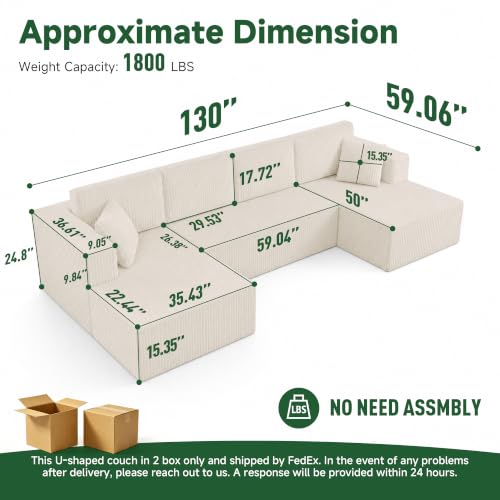 Image of 130 inch Boneless Couch U-Shaped Sectional Sofa, Beige