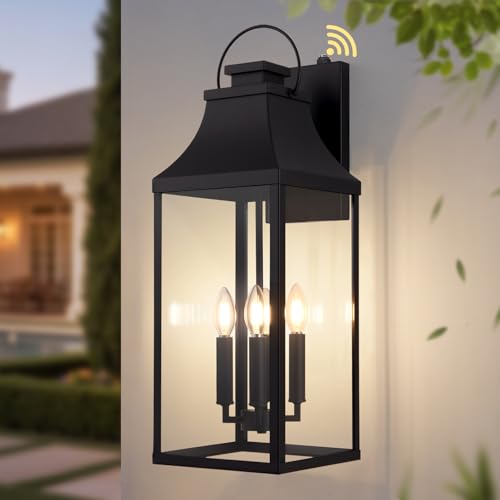 Image of 25'' Dusk Dawn Outdoor Wall Light, Large Black Exterior Porch Light Fixture | Auto On-Off, 4-E12 Base, Modern Exterior Sconce Wall Lighting Waterproof, Sensor Outside Lights for House Garage Door, 1 Pack