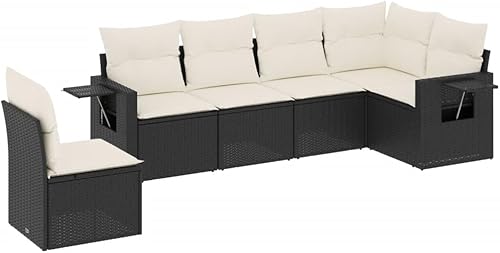 Miniatura 2 de 6 Piece Garden Sofa Set in Black and Cream White, Modern Outdoor Furniture with Powder-Coated Steel Frame and Poly Rattan, Modular Patio Seating