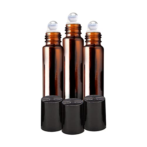 Image of nsb herbals Empty Amber Glass Roll On Bottles (10 ml) With Black Cap For Essential Oils, Perfumes, Lip Balms, Aroma | Refillable Reusable Bottle (PACK OF 3)