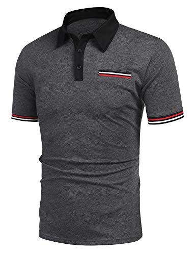 COOFANDY Men's Short Sleeve Polo Shirt Striped Sleeves Regular Fit Casual Polo T Shirt with Pocket Deep Grey
