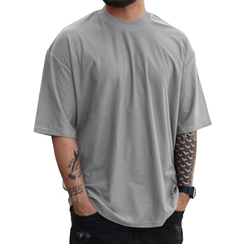 YawYews Mens Fashion Short Sleeve Tshirts Workout Oversize Pullover Solid Color Casual Tees Grey