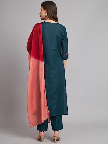 Image of VredeVogel Women's Cotton Blend Kurta Pant Set with Chanderi Silk Dupatta