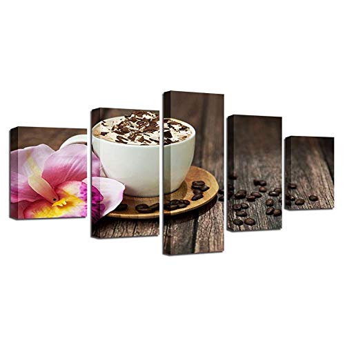 Impression sur toile intissée café fleurs 5 pièces tableau salon