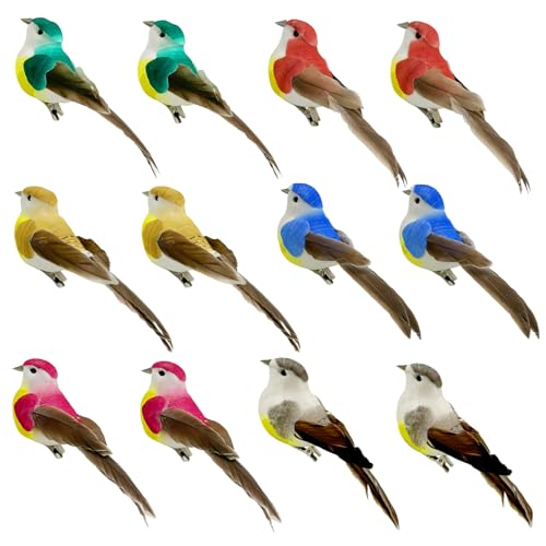 12pcs Artificial Birds for Crafts Decorative Hanging Ornaments Spring Yard Patio Wreath Designs Tree Flower Floral Arrangements Garden Decor (12pcs Clip Birds)