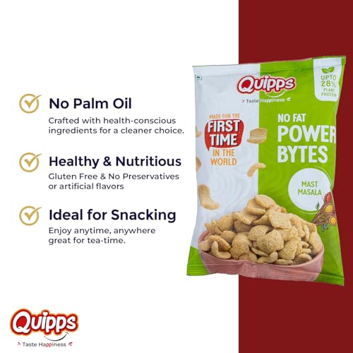 Image of Quipps No Fat Power Bytes - Mast Masala | 60g | High-Protein Puffed Snack | Up to 28% Plant Protein | Inherent Fat Up to 4% | Gluten-Free | Non-Fried | Crunchy, Healthy Multigrain Tea-Time Office Snack | No Preservatives | Patent Applied