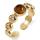 Aliyoham 14K Gold Plated Tigers Eye Boho Ring for Women, Star Cubic Zirconia Vintage Statement Jewelry, Adjustable Open Ring