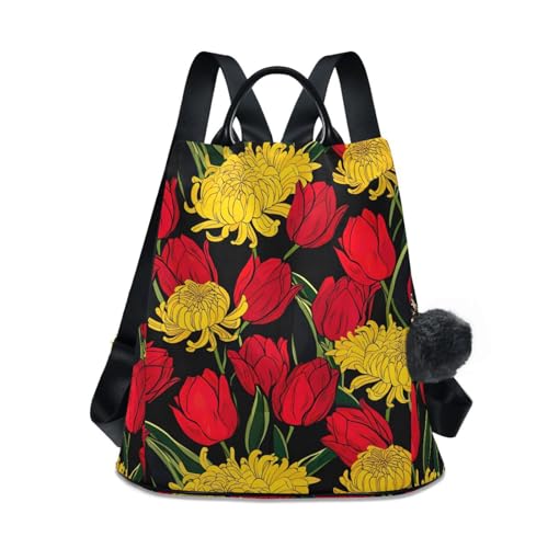 Sac à dos voyage femme sécurisé contre le vol avec imprimé floral jaune et rouge