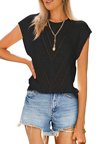 Image of Langwyqu Womens Cap Sleeve Tops Summer Crew Neck Shirt Lightweight Crochet Knit Sweater