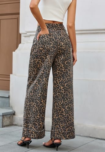 Womens High Waist Wide Leg Jeans Trendy Baggy Cuffed Denim Pants Leopard Loose No Stretchy Jeans with Pockets4