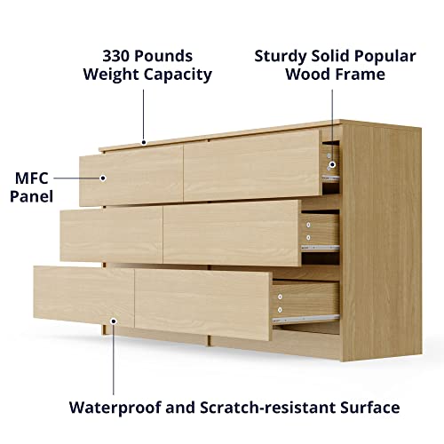 Cozy Castle 6 Drawer Oak Dresser With Cutout Handle, Accent Dressers & Chests Of Drawers With Double Anti-Tilt Devices, Storage Dresser For Bedroom #TOP6