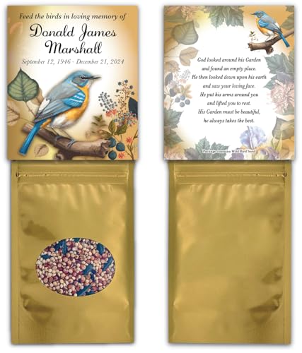 Personalized Memorial Funeral Bird Seed Packets with Choice of Sympathy Poem, Tribute, Keepsake, Wild Bird Seed Favors, Remembrance, Celebration of Life, Bluebird Garden - Qty 25