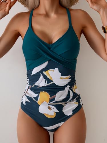 Image of B2prity Women's One Piece Swimsuit Tummy Control Front Cross Bathing Suit | Slimming Ruched ,Tie Back,Wrap Front,Adjustable Straps,Soft Removable Cups for beach, pool and vacation wear