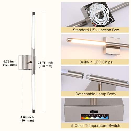 Image of TODOLUZ 36-Inch 5CCT 20W LED Bathroom Light Fixture, Modern Brushed Nickel 2700K-5500K Vanity Lighting Wall Sconce with Rotatable Lamp Tube