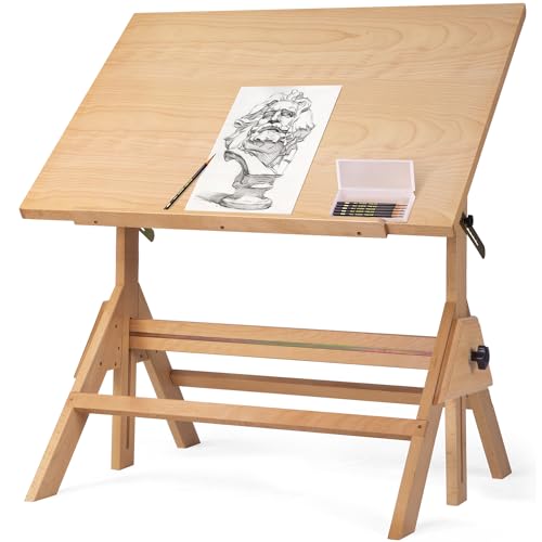 MERRIY Drafting Table, Natural Design Solid Beech Wood Drafting Table, Adjustable Height & Angle, Art Craft Drafting Drawing Hobby Table Writing Design Reading Studio Desk