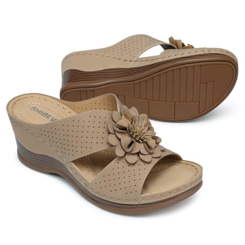 Image of SHIBEVER Womens Wedge Sandals Dressy: Arch Support Slip-On Comfortable Summer Sandals Open Toe Flower Casual Platform Shoes Size 5-11