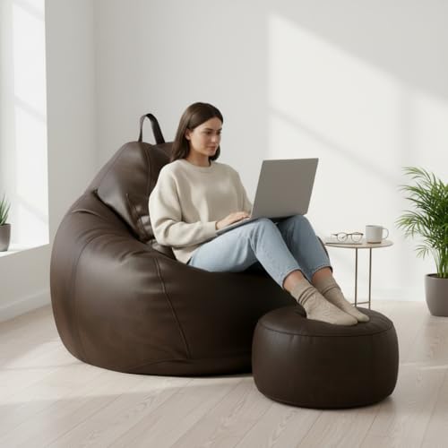 Image of KAM'S LIEU Bean Bag Chair with Footrest & Cushion | Pre-Filled Beans | PVC Leatherette Lounger Sofa | Indoor & Outdoor Bean Bag | 6 Months Warranty Size & Color- (Brown, XXXXXL, Premium)