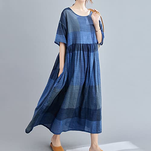 Staright Vestido feminino de algodão e linho com estampa xadrez vintage O pescoço meia mangas robes